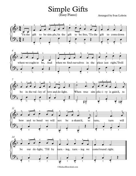 Free Piano Arrangement Sheet Music Simple Gifts Easy Level Good