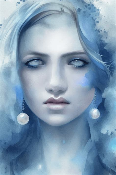 Digital Watercolor Blue Moonlight Pearls Gems Woman Charlie Bowater