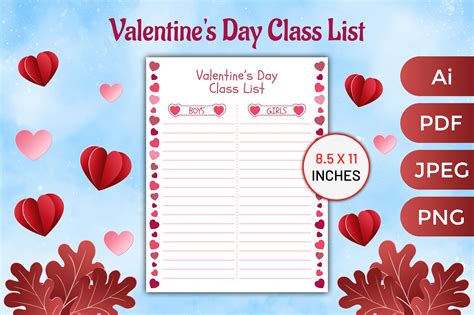 Valentines Day Class List Printable Graphic By PranStudio Creative