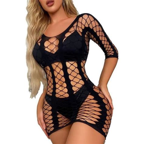 Nuisette Femme Sexy Mini Robe Transparente Lingerie Fishnet Body