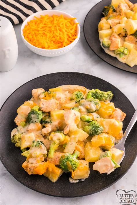 Chicken Broccoli Potato Casserole Butter With A Side Of Bread