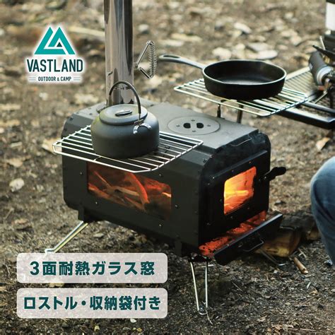 【楽天市場】【25日はポイント10倍】vastland 薪ストーブ キャンプ用 焚き火ストーブ 耐熱塗装 3面ガラス窓 煙突 底網付き