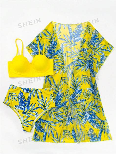 Shein Swim Tropical Print Push Up Bikini Set With Kimono Summer Beach