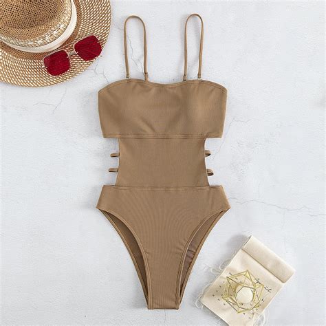 Generic Swimsuit New Sexy Solid Color Thin Shoulder Side Hollow One Piece Swimsuit Bikini