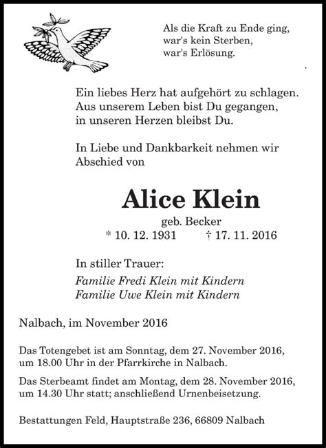 Traueranzeigen Von Alice Klein Saarbruecker Zeitung Trauer De