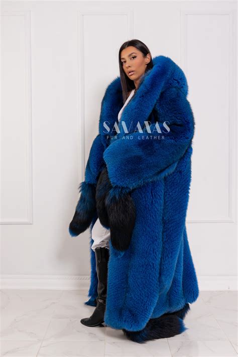 Mischa Luxury Scandinavian Oversized Royal Blue Fox Fur Coat Full