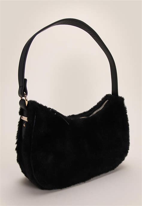 Womens Black Fur Shoulder Bag Peacocks