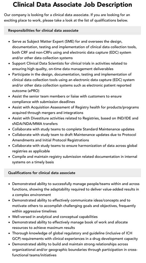 Clinical Data Associate Job Description Velvet Jobs