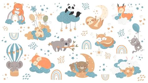 Ensemble D Illustrations Avec De Petits Animaux Endormis Habitants