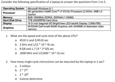 Solved Consider The Following Specification Of A Laptop To Chegg