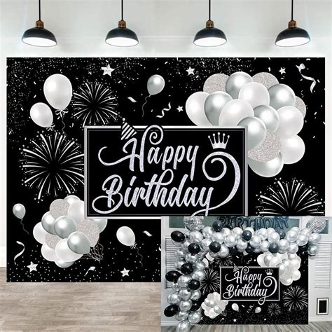 7x5ft Happy Birthday Backdrop Banner Black And Silver Happy Birthday Sign Glitter