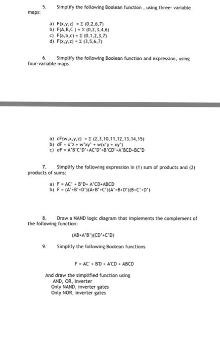 Solved Simplify The Following Boolean Function Using