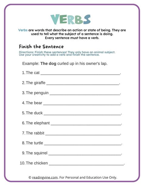 Verbs And Sentences Worksheets K5 Learning Worksheets Library