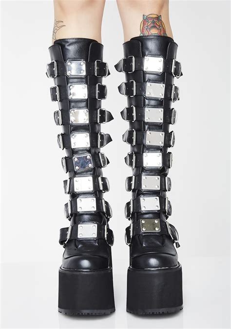 Demonia Swing 815 Buckle Knee High Platform Boots Black In 2022