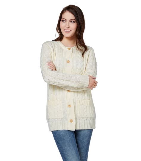 Cream Pure Wool Womens Pure Wool Aran Crew Neck Cardigan