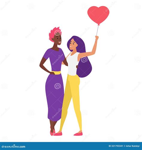 Happy Lgbt Lesbian Couple Standing Together Girl Holding Balloon In