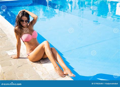 Charming Woman Sitting In Bikini Near Swim Pool Stock Photo Image Of