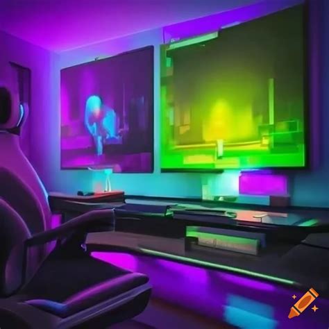 Gamer Setup In The Worlds Richest Room With Purple Green And Yellow