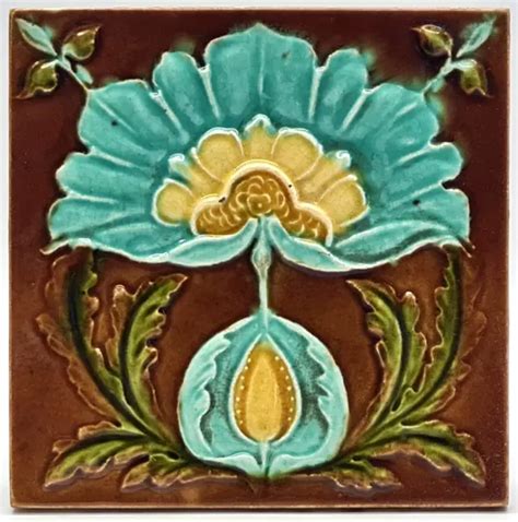 ART NOUVEAU FIREPLACE Majolica Tile Floral Design Corn Brothers C1900