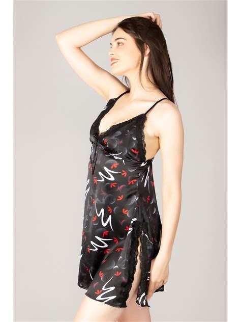 Buy Herryqeal Women Lingerie Satin Lace Babydoll Silk Sleepwear Side Slit Nightwear Set Of 2