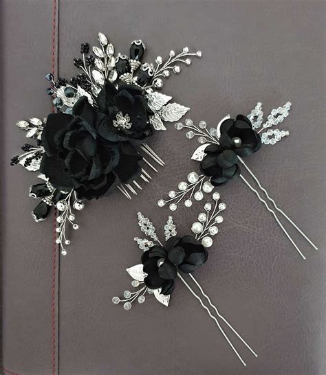 Black Flower Comb Gothic Wedding Hair Piece Black Wedding Veil Gothic