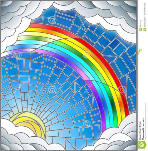 Stained Glass Illustration Sun Rainbow And Clouds On Blue Sky Background Stock Vector