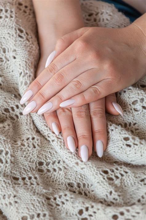 Model Woman Showing Light Pale Pink Nude Shellac Manicure On Lo Stock Image Image Of Color