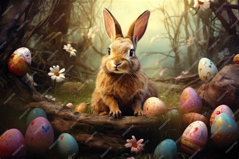 Free Photo Easter Bunny On Forest Background With Eggs