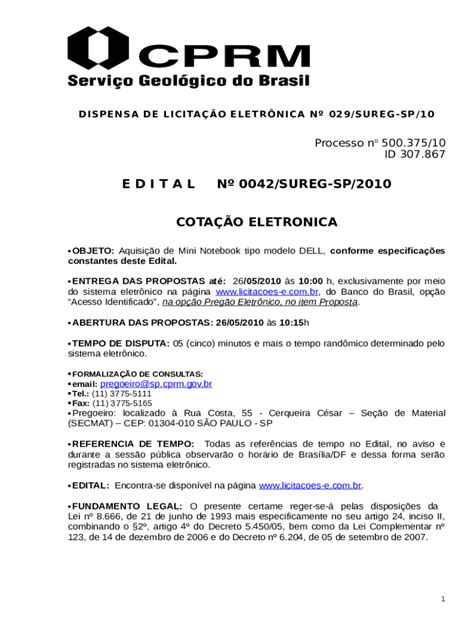 Prego Eletrnico Servio Geolgico Do Brasil Cprm Doc Template Pdffiller