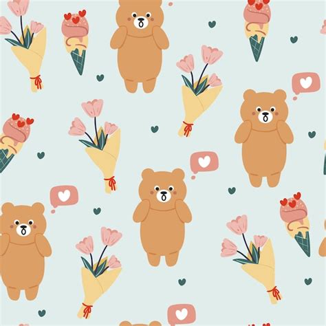 Premium Vector Seamless Pattern Cartoon Bear And Flower