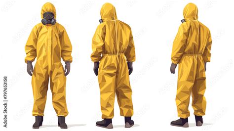 Vector Illustration Of Three Full Body View Male Wearing Yellow Hazmat