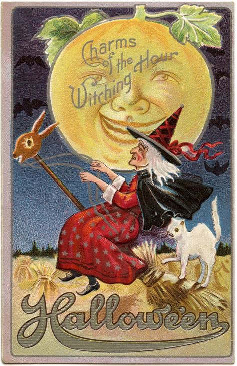 Vintage Halloween Witch Image with Moon Man - The Graphics Fairy