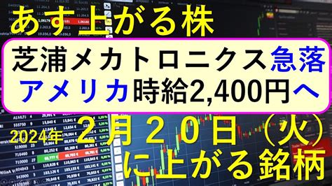 あす上がる株 2024年2月20日（月）に上がる銘柄 ～最新の日本株での株式投資。初心者でも。芝浦メカトロニクスが急落。岡部、スリー・ディー