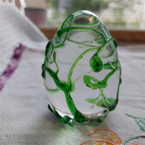 Art Glass Paperweight Green Applied Swirl Egg Shape Etsy