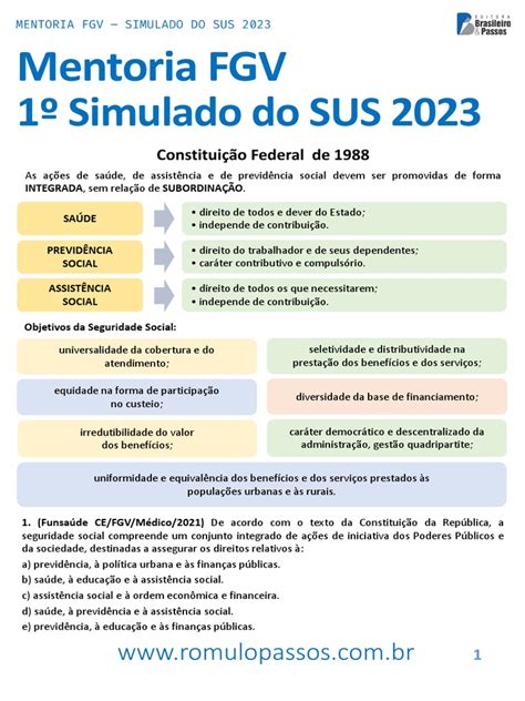 1º Simulado Do Sus Fgv 2023 Fhemig Pdf Bem Estar Social