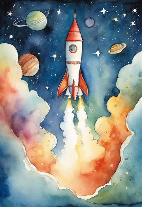 watercolor rocket odyssey space painting space watercolor space art
