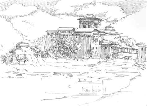 Pen Drawing Monastery In Bhutan Ink Drawing 9 Artfinder