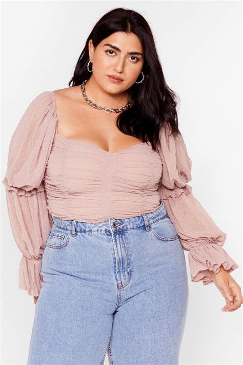 Plus Size Ruched Mesh Puff Sleeve Blouse Nasty Gal