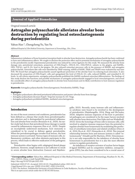 PDF Astragalus Polysaccharide Alleviates Alveolar Bone Destruction By