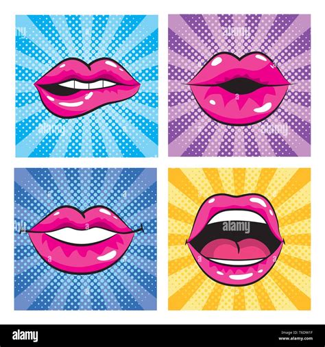 Set Pop Art Mouth With Teeth And Tongue Vector Illustration Stock