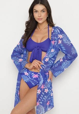 Niebieskie Bikini Wiązany Biustonosz i Majtki Figi z Dodatkową Narzutką z Siateczki Zareliah