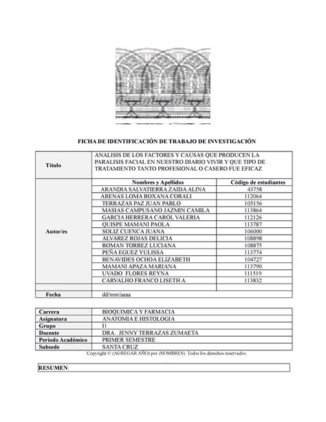 Trabajo De Inv Anatomia Ficha De Identificaci N De Trabajo De