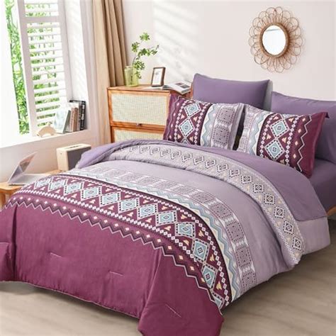 Dobuyly Boho Comforter Set King Size 7 Pieces Bed In A Bag Purple Red