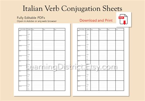 italian verb conjugation sheets  printable  pages study