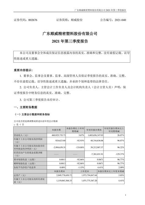 顺威股份：2021年第三季度报告 洞见研报 行业报告