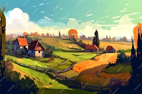 Premium AI Image | A painting of a farm with a colorful sky and trees