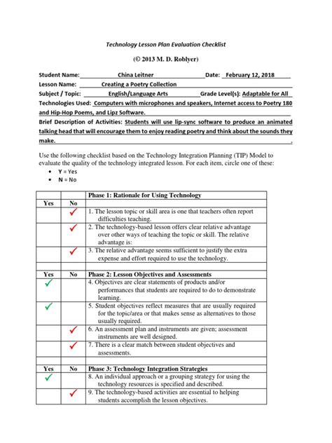 Updated Technology Lesson Plan Evaluation Checklist 1 Pdf Educational Assessment Lesson Plan