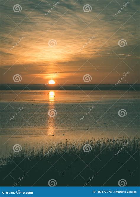 Beautiful Sunrise Over Country Lake Vintage Green Look Stock Image