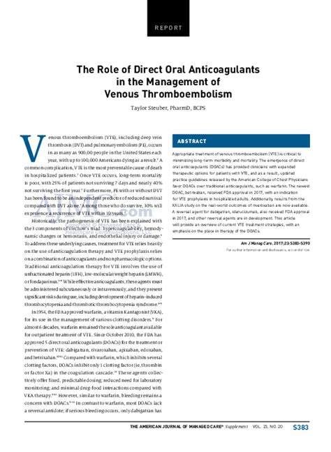 Pdf The Role Of Direct Oral Anticoagulants In The Management Of Venous Thromboembolism