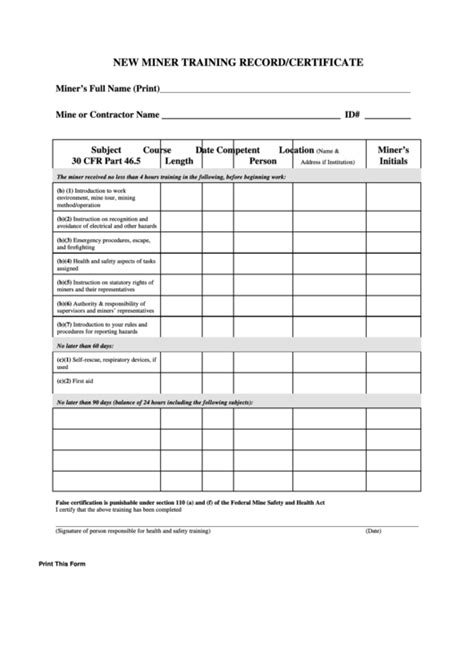 Fillable New Miner Training Record/certificate Template printable pdf download